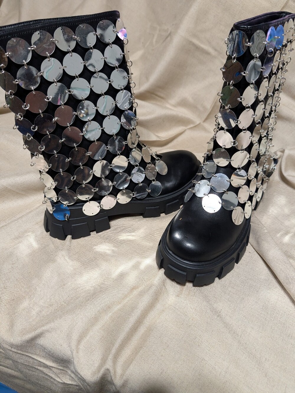 Black Sequin Disc Embellished Women's Combat Boots 2 Sizes Available7.5 And 6.5